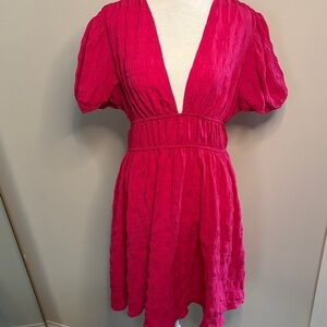 SHEIN Hot Pink Deep V Mini Dress with Puff Sleeves